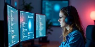 Balancing Cost and Quality When Hiring React Developers Woman at screens working with React developers