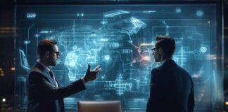 Choosing the Right FMCG Software Vendor: Considerations for CPGs & FMCGs business partners working with a software vendor, in front of virtual computer images