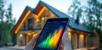 How IoT is Leading the Way Toward a Sustainable Future House with IoT showing sustainable future with energy app on smartphone, house in background
