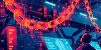 Profitraw Review: Information on Transformative Power of Blockchain blockchain's transformative power, shown with graphic of giant neon chain above programmer at desktop