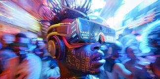 The Psychology Behind AI Influencers: Why Do People Follow Them? AI influencers, shown with stylized graphic of man with VR goggles and bright lights