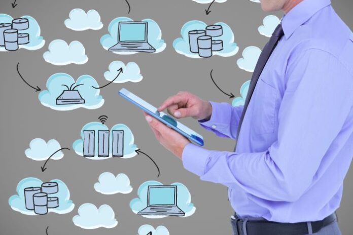 Atlassian Cloud security, shown with man with tablet and cartoon icons in background