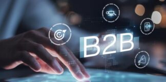 Digital Transformation in B2B Ecommerce: Choosing the Right Technology B2B eCommerce, shown with hand on tablet and B2B graphic above