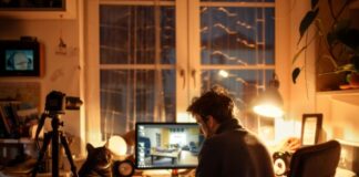 Instant Videos from Text, Images, and Clips: Meet Deevid.ai Aeevid.ai, used by man with cat at home in front of desktop computer