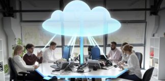 Unlocking Business Growth with Cloud-Based ERP Solutions ERP solutions, shown with cloud image above business meeting