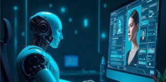 How AI Revolutionizes People Search Online humanoid bot at computer performing a people search