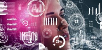 Making AI and Analytics Work for Your Business AI and analytics work to support businesses, with woman's face and graphs in foreground