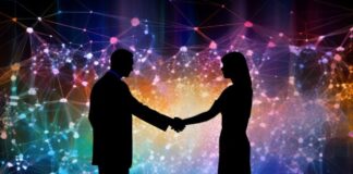 The Evolution of VoIP and Its Impact on Business Communication business communication between two executives shaking hands, silhouette with color lights behind