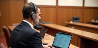 How Technology Is Transforming How Court Reporting Is Done court reporting, shown with man at table in courtroom with technology