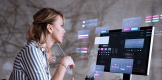 Cost-effective Custom Software Development for Small Enterprises marketing person using custom software, with icons floating in foreground