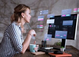 Cost-effective Custom Software Development for Small Enterprises marketing person using custom software, with icons floating in foreground