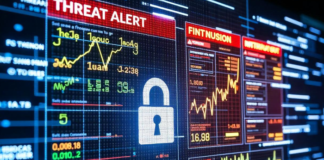Cybersecurity Threats Are Evolving – Can Your Business Fight Back? cybersecurity threat on big screen with graphs and lock image
