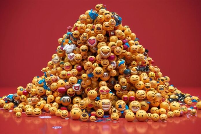 emojis and symbols in a pile with a red background