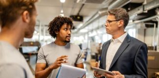 Smart Business Owners View Equipment Purchases as Long-Term Investments team in warehouse discussing equipment purchases