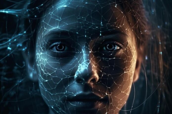 face swapper tech with woman's face and constellation of stars in foreground