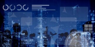 What is the Role of Software Development in the Fintech Industry? the FinTech industry, shown with silhouettes of businesspeople against a blue night sky, with finance images in foreground