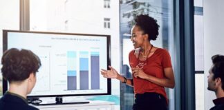 How to Write Great Business Presentations (16 Top Tips) Leader giving a great business presentation in front of staff