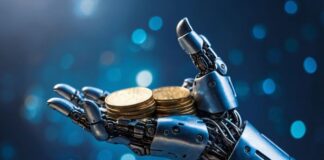 The Rise of AI and Machine Learning in Trading: What the Future Holds machine learning in trading, with robot hand holding bitcoins