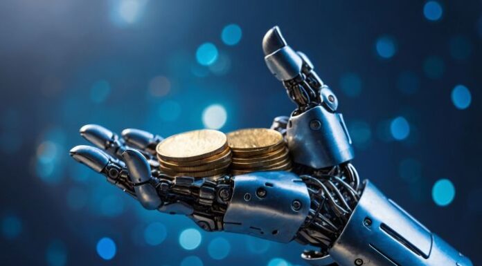 The Rise of AI and Machine Learning in Trading: What the Future Holds machine learning in trading, with robot hand holding bitcoins