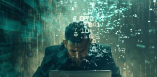 How the Agile Manifesto Can Revolutionize Cybersecurity man on laptop working to revolutionize cybersecurity, with digits floating in background