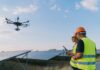 The Evolution of AI-Powered Drones in Solar Energy Management technician doing solar energy management with drone and panels