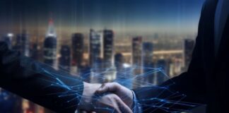 Select the Best Platform for a Hassle-Free LEI Transfer ProcessĀ LEI transfer process, shown with two people shaking hands with tech graphics in foreground