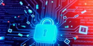 Cybersecurity Enhanced with Web Development 2025 Best Practices web development in 2025, shown with abstract cybersecurity logo in red and blue