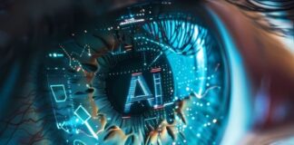 AI Battle: Why Apple Is Falling Behind AI battle between platforms, shown with closeup of eye, and AI reflectiion