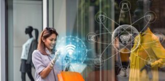 How to Use AI for Small Businesses to Optimize Business Operations AI for small businesses, with customer purchasing an item and AI icons floating above