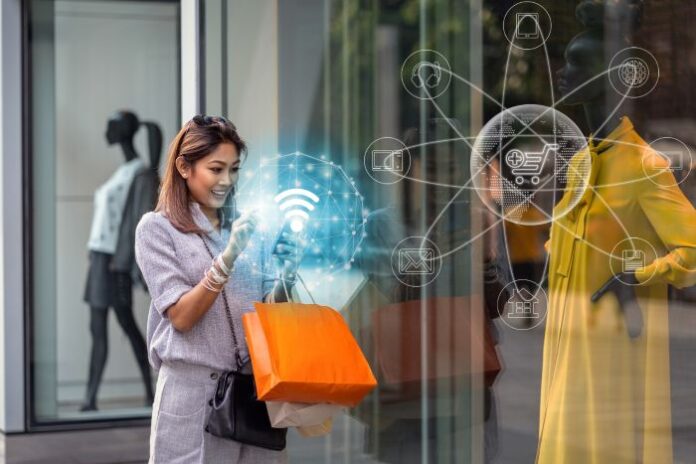 AI for small businesses, with customer purchasing an item and AI icons floating above