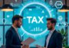 How Fintech Helps US Expats Catch Up on Taxes Efficiently US expats in tax office, with word TAX in the foreground