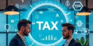 How Fintech Helps US Expats Catch Up on Taxes Efficiently US expats in tax office, with word TAX in the foreground