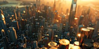 Evolution of Crypto Exchange Tech: From Basic to Advanced Trading Tools advanced trading in cityscape with stacked coins for buildings