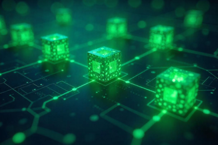 The backbone of asset ownership is blockchain development, shown with green blocks connected by light chain