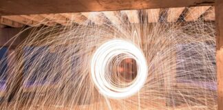 Beam Shaping Optics: A Guide to Gaussian to Top-Hat Beam Shapers beam shaping shown with shower of sparks