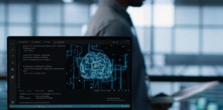 Custom AI Software: When to Develop vs Use Off-the-Shelf Solutions custom AI software on a laptop, with image of a brain