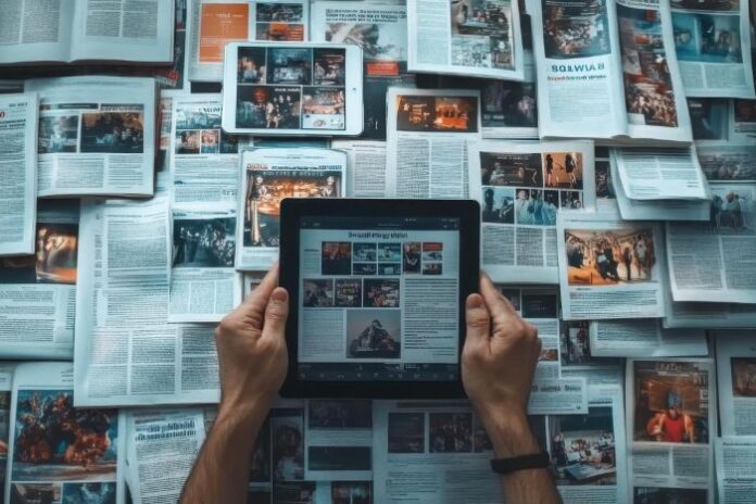 digital journalism on a tablet with hundreds of newspapers in background