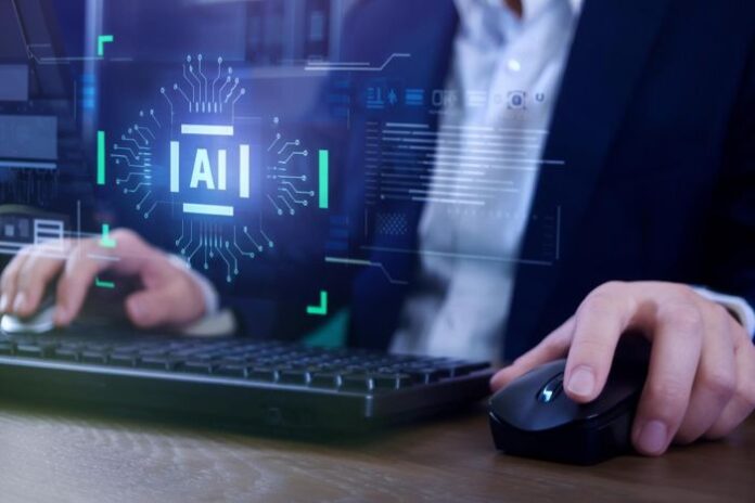Enterprise operations using AI, with man on keyboard and AI words in foreground