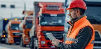 How to Cut Fleet Costs Without Compromising Performance cut fleet costs with AI, shown with manager using tablet in front of fleet