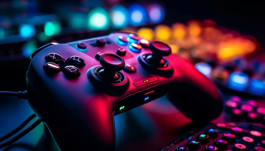 a game controller in low, but colorful neon lighting