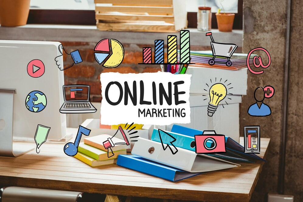 graphic with arrow and "online marketing" to point to the right agency