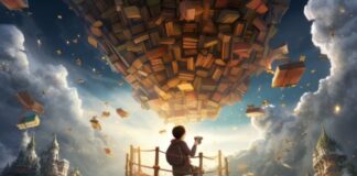 Best AI-Powered Platforms for Interactive Fiction and Storytelling boy on stage below books in a big balloon, writing interactive fiction