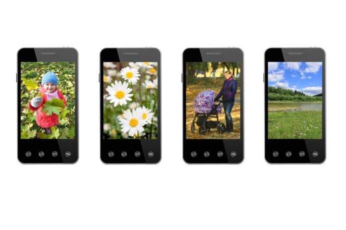 four iPhone shots showing how to organize photos