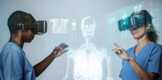 The Top Five Industries Revolutionized by Virtual Reality one of the top five industries impacted by VR is the medical field, shown with two doctors and a holographic skeleton
