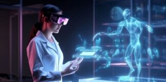 Revolutionizing Healthcare with Cutting-Edge Augmented Reality Solutions Augmented reality solutions with doctor wearing headset with virtual body