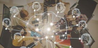 Exploring the Future of AI and Machine Learning in Digital Communication top view of people with digital communication icons in foreground