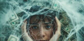 Hidden Threats in Your Fintech Stack: Spot and Stop Financial Crime woman hiding from financial crime in a web with cash
