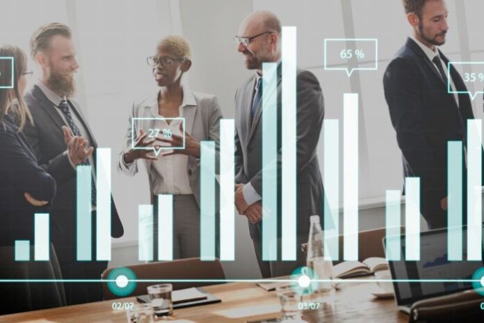 financial leaadership people in background with graph in foreground
