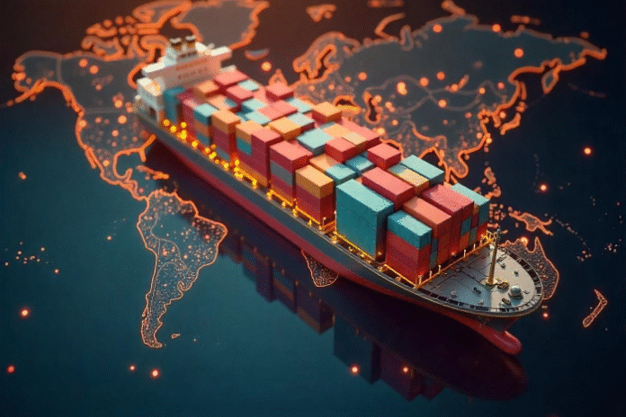 freight optimization shown with toy ship on lighted globe