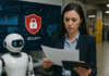 Smart Tech: Why Operational Protection Is the Next Business Frontier Concerned woman reading about operational protection, with robot in background